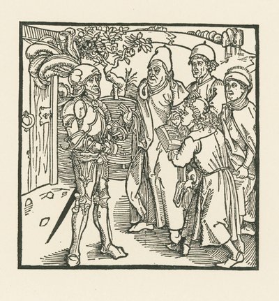 Il cavaliere incarica due scribi e due sacerdoti di compilare questo libro. da Albrecht Dürer or Duerer