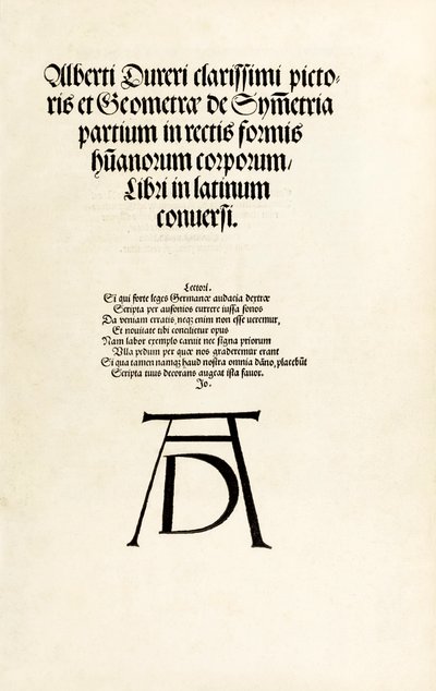 Pagina del titolo con il monogramma xilografico di Durer da 