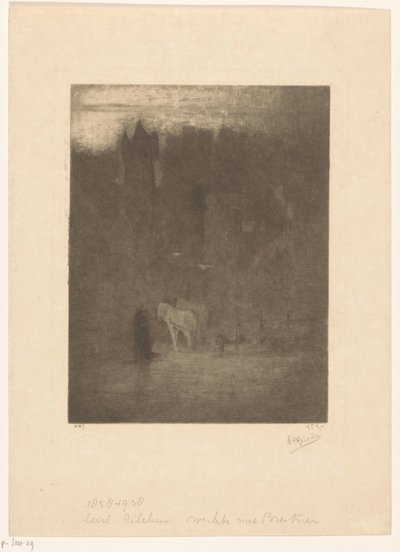 Figura e due cavalli vicino a un castello nella nebbia da Albrecht Felix Reicher (signed by artist)