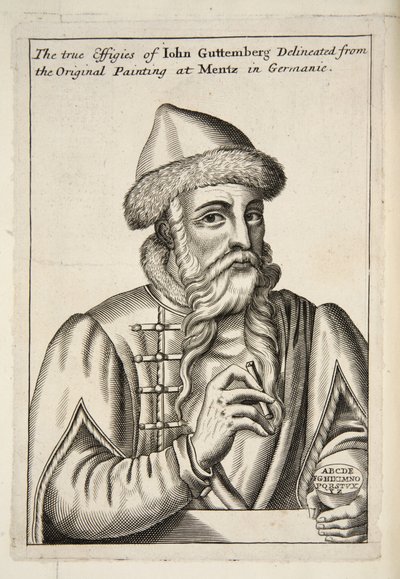 John Guttemberg, da Mechanick Exercises: or The Doctrine of Handy-Works applied to the Art of Printing, pub. 1683 da Albrecht after Mentz