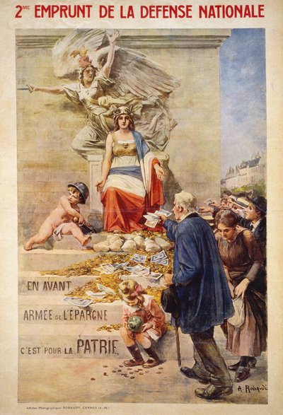 Secondo prestito della Difesa Nazionale: "Avanti, armati di risparmi, è per la Patria" - manifesto di Robaudi da Alcide Theophile Robaudi