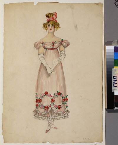 Abito con ghirlande di fiori. Progetto di costume per l