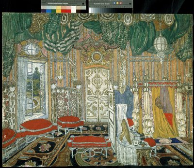 Scenografia per la commedia teatrale Il matrimonio di Figaro di P. de Beaumarchais da Aleksandr Jakovlevic Golovin