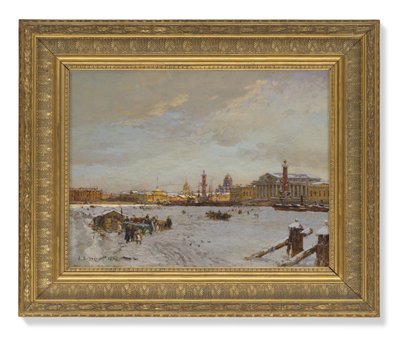 Vista sul Neva ghiacciato, le colonne Rostral, la Cattedrale di Sant