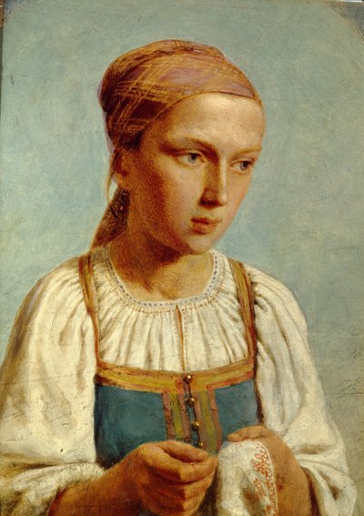 Ricamo Ragazza di campagna, 1843 da Aleksei Gavrilovich Venetsianov