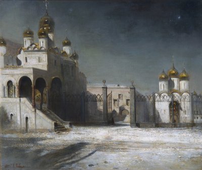 La Piazza della Cattedrale nel Cremlino di Mosca di notte, 1878 da Alexei Kondratjewitsch Sawrassow