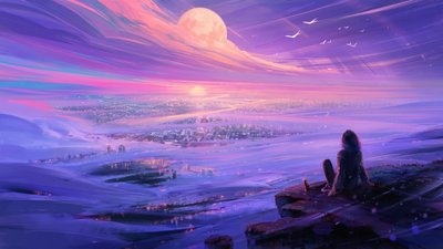 Una ragazza sopra la città illuminata dalla luna da Alena Aenami