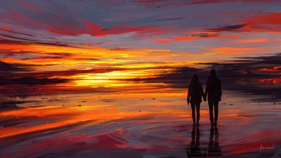 Una romantica passeggiata sulla spiaggia al tramonto da Alena Aenami
