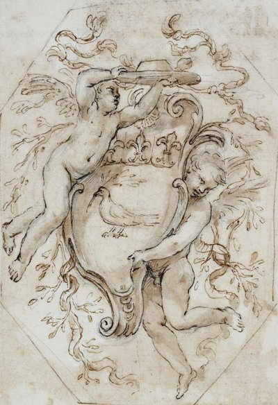 Due putti che sostengono un cappello cardinalizio e uno stemma con le armi di Camillo Pamphili: progetto per una decorazione in stucco da Alessandro Algardi