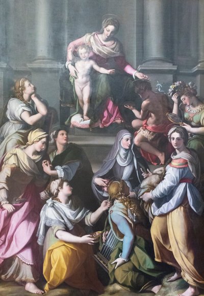 Madonna in trono con Bambino, circondata da santi e figure da Alessandro Allori