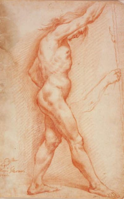 Nudo maschile in piedi con un bastone in profilo a destra, e uno schizzo per il suo braccio destro da Alessandro Gherardini