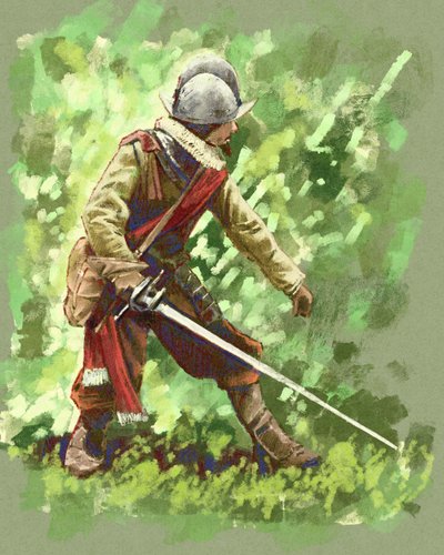 Un soldato conquistador spagnolo del 1600 nella giungla sudamericana (illustrazione) da Alessandro Lonati