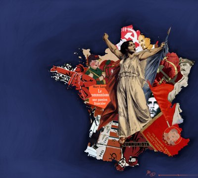 Una mariana su uno sfondo di collage comunista. Allegoria del comunismo in Francia. 2010. Disegno a colori di Alessandro Lonati da Alessandro Lonati