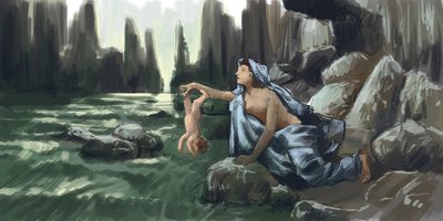 La madre di Achille che immerge il figlio per il tallone nel fiume Stige per renderlo invulnerabile. Disegno di Alessandro Lonati, 2015 da Alessandro Lonati