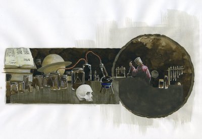 Alchimista nel suo laboratorio circondato da fiale e alambicchi Illustrazione di Alessandro Lonati da Alessandro Lonati