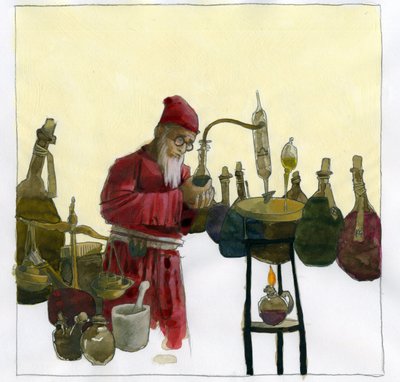 Alchimista nel suo laboratorio circondato da fiale e alambicchi Illustrazione di Alessandro Lonati da Alessandro Lonati