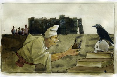 Alchimista nel suo laboratorio con un corvo, un teschio. Illustrazione di Alessandro Lonati da Alessandro Lonati