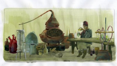 Alchimista nel suo laboratorio con vasi e alambicchi. Illustrazione di Alessandro Lonati da Alessandro Lonati