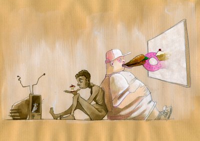 Rappresentazione allegorica della nostra società consumistica esagerata come un giovane occidentale obeso che ingoia fast food davanti a uno schermo gigante da Alessandro Lonati