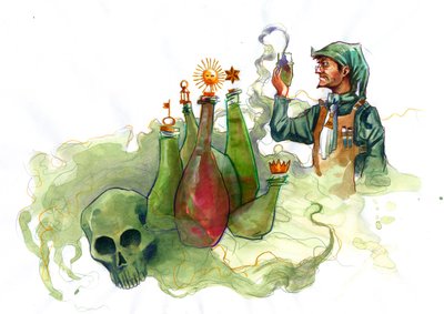 Un alchimista nel suo laboratorio circondato da fiale e alambicchi che esamina il contenuto di una fiala da Alessandro Lonati