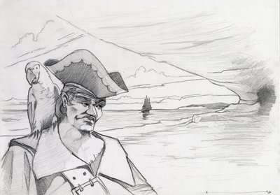 Pirata dei Caraibi con pappagallo che cerca un tesoro in una grotta su una spiaggia, con galeone. Disegno di Alessandro Lonati da Alessandro Lonati