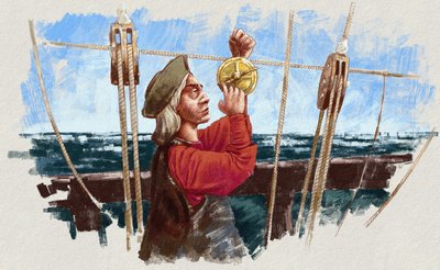 Cristoforo Colombo calcola la rotta con un astrolabio da Alessandro Lonati
