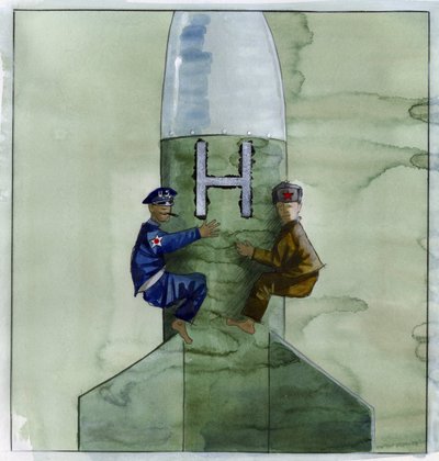 Guerra fredda: un ufficiale americano e uno sovietico aggrappati a un missile nucleare da Alessandro Lonati