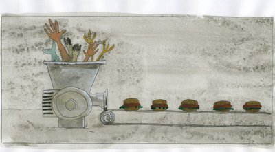 Società dei consumi: produzione di cibo spazzatura, hamburger fatto con resti umani e animali. Illustrazione di Alessandro Lonati da Alessandro Lonati