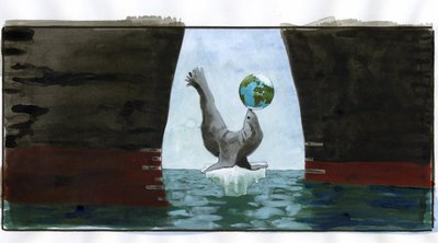 Ecologia e riscaldamento climatico: ghiaccio che si scioglie, una foca che gioca con il pianeta sul muso, riposa sull