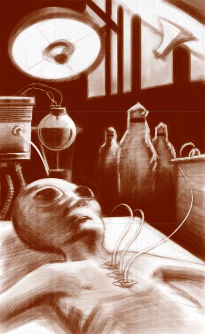 Creatura fantastica: un alieno sottoposto a test di laboratorio. Illustrazione di Alessandro Lonati, 2010 da Alessandro Lonati
