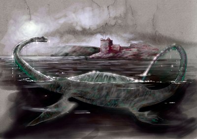 Mostri e creature fantastiche, criptozoologia: rappresentazione di Nessie, il mostro di Loch Ness in Scozia - Disegno di Alessandro Lonati, 2012 da Alessandro Lonati