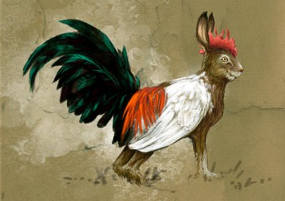 Mostri e creature fantastiche, criptozoologia: rappresentazione di uno Skvader, creatura immaginaria della Svezia, a metà tra una lepre e un grande gallo di brughiera, creata nel 1918 dal tassidermista Rudolf Granberg. Disegno di Alessandro Lonati, 2012 da Alessandro Lonati