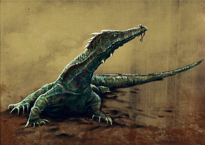 Mostri e creature fantastiche, criptozoologia: rappresentazione di un buru, grande lucertola che sarebbe stata vista nel nord-est dell