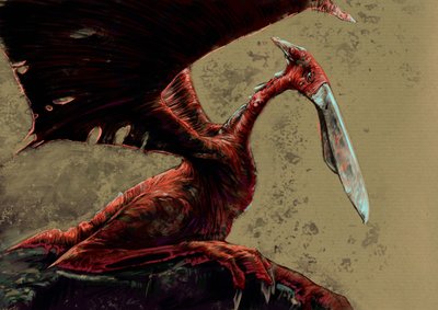 Mostri e creature fantastiche, criptozoologia: rappresentazione di un kongamato, una creatura volatile simile a un pterosauro vista nelle paludi di Jiundu nel distretto di Mwinilunga, Zambia occidentale (Disegno di Alessandro Lonati, 2012) da Alessandro Lonati