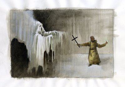 Lotta tra un monaco con un crocifisso e un fantasma. Illustrazione di Alessandro Lonati da Alessandro Lonati