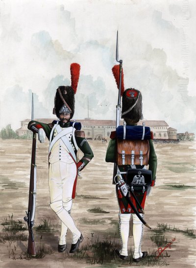 Primo Impero (1804-1814 e 1815): soldati granatieri della Guardia Reale della Grande Armée napoleonica nella piazza del Castello Sforzesco a Milano, Italia da Alessandro Lonati