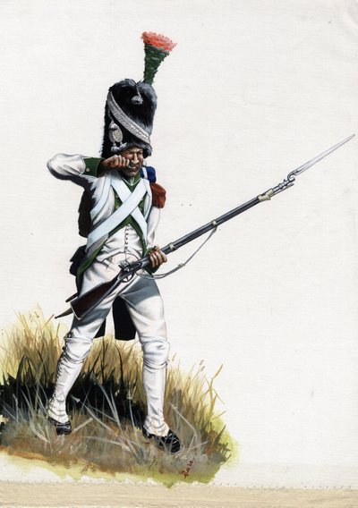 Primo Impero (1804-1814 e 1815): soldato Velite della grande armata napoleonica in Italia che apre una cartuccia da Alessandro Lonati