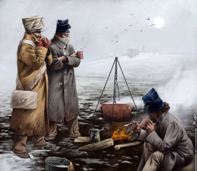 Primo Impero: Soldati di fanteria leggera che si scaldano intorno a un fuoco durante una campagna di Napoleone I (probabilmente in Russia) Inizio XIX secolo. Illustrazione di Alessandro Lonati. 2010 da Alessandro Lonati