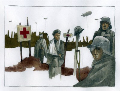 Prima Guerra Mondiale: Gules cassees e feriti di guerra al posto di soccorso della Croce Rossa - 1914-1918. Illustrazione di Alessandro Lonati da Alessandro Lonati