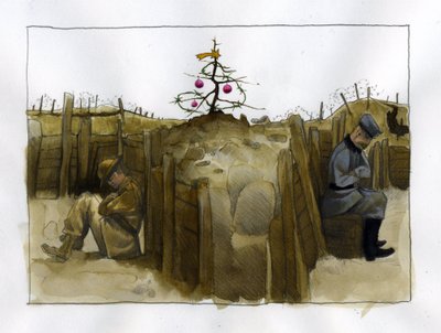 Prima guerra mondiale: la solitudine di due soldati nemici, britannico (sinistra) e tedesco nella trincea, a Natale 1914-1918. Illustrazione di Alessandro Lonati da Alessandro Lonati