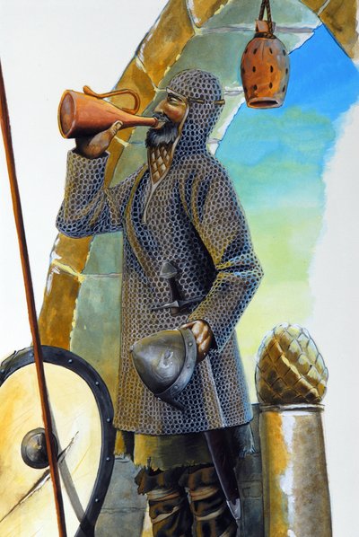 Prima crociata: un cavaliere a riposo, equipaggiato con la sua cotta di maglia, beve dalla caraffa, il suo scudo e la sua lancia sono posti vicino a lui. Illustrazione di Alessandro Lonati da Alessandro Lonati