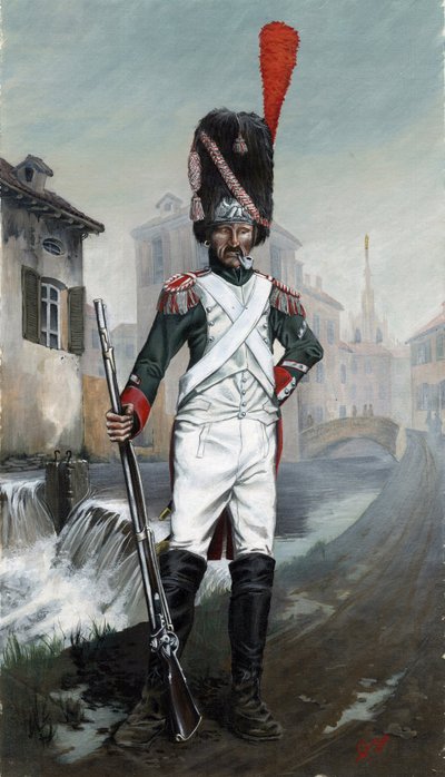 Primo Impero (1804-1814 e 1815): soldati granatieri italiani vicino al canale di Milano con la cattedrale sullo sfondo da Alessandro Lonati