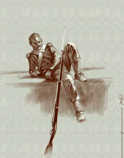 Primo impero: soldato di fanteria leggera a riposo durante una campagna di Napoleone I (probabilmente in Russia) Inizio XIX secolo. Illustrazione di Alessandro Lonati, 2010 da Alessandro Lonati