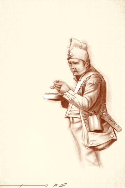 Primo impero: soldato di fanteria leggera durante un pasto durante una campagna di Napoleone I (probabilmente in Russia) Inizio XIX secolo. Illustrazione di Alessandro Lonati, 2010 da Alessandro Lonati