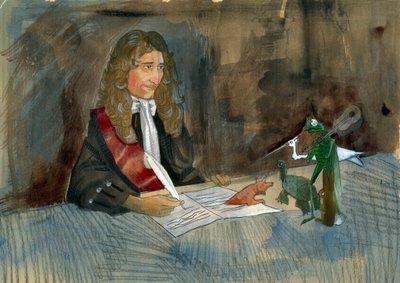 Scrittore francese Jean de la Fontaine che guarda i personaggi delle sue favole. Illustrazione di Alessandro Lonati da Alessandro Lonati