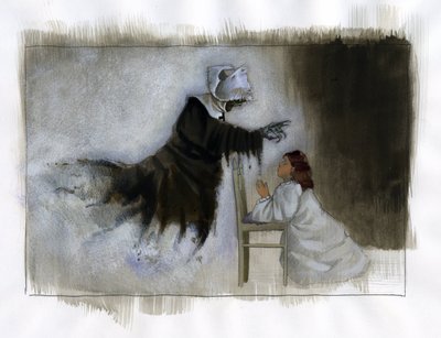 Fantasma di una suora anziana con mani storte appare a una bambina che prega. Illustrazione di Alessandro Lonati da Alessandro Lonati