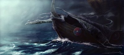 Creatura leggendaria: drago che attacca un drakkar (barca vichinga). Disegno di Alessandro Lonati da Alessandro Lonati