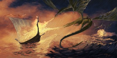Creatura leggendaria: drago che attacca un drakkar (barca vichinga). Disegno di Alessandro Lonati da Alessandro Lonati