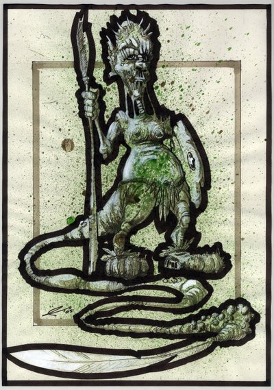 Mostro leggendario per illustrazione fantasy: volto di una creatura tribale o guerriero con lancia, scudo e coda di piume da Alessandro Lonati