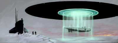 Incontro al Polo Nord tra un sottomarino U-boot e un disco volante (UFO, alieno) per la restituzione di un sottomarino preso dagli alieni durante la guerra. Disegno di Alessandro Lonati da Alessandro Lonati